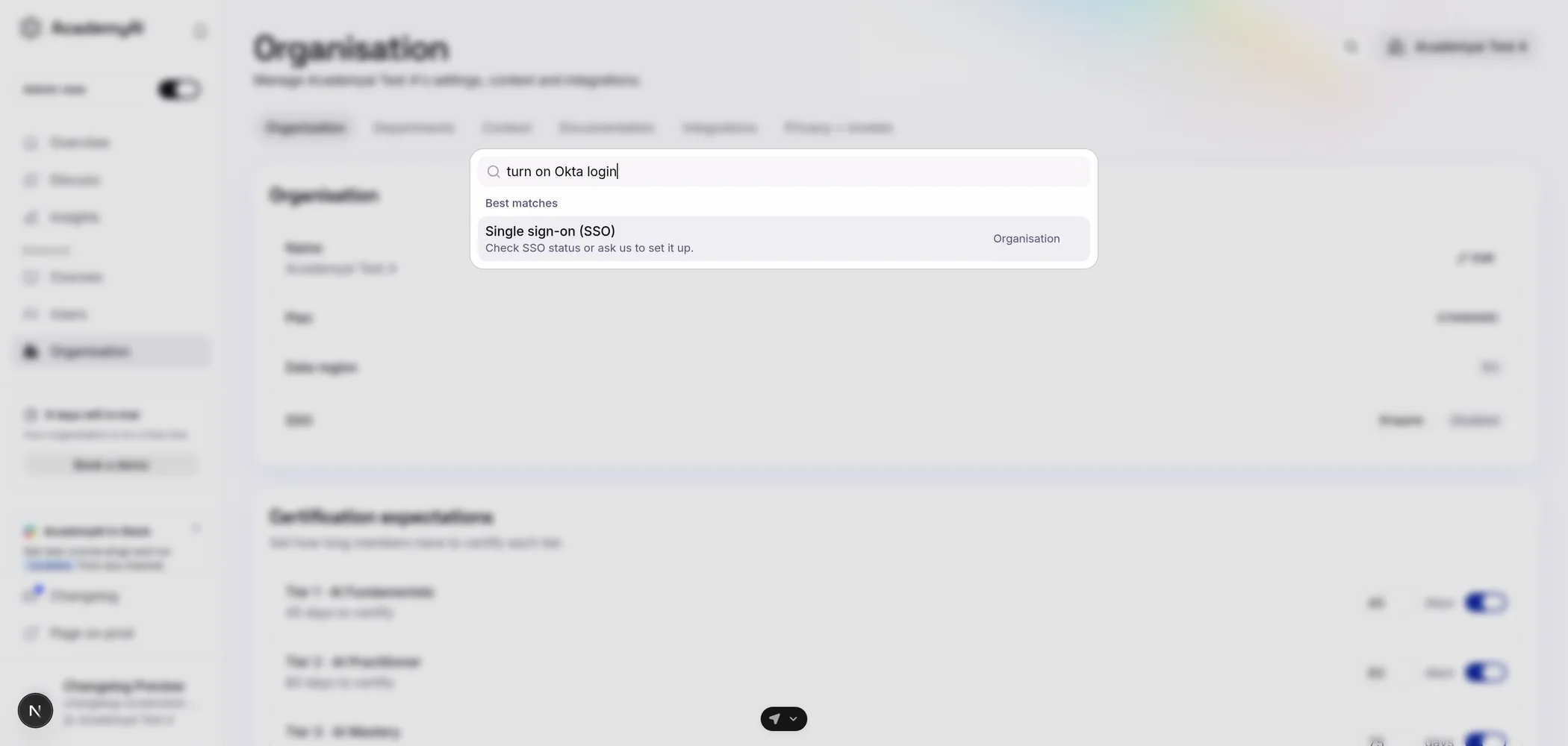 Organisation settings search with the query turn on Okta login, matched to Single sign-on