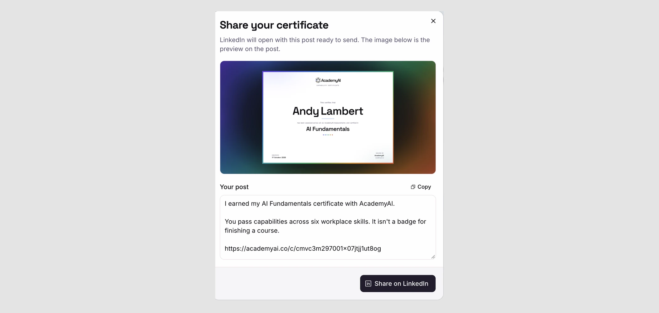 Share your certificate dialog with the certificate preview and the LinkedIn post ready to send