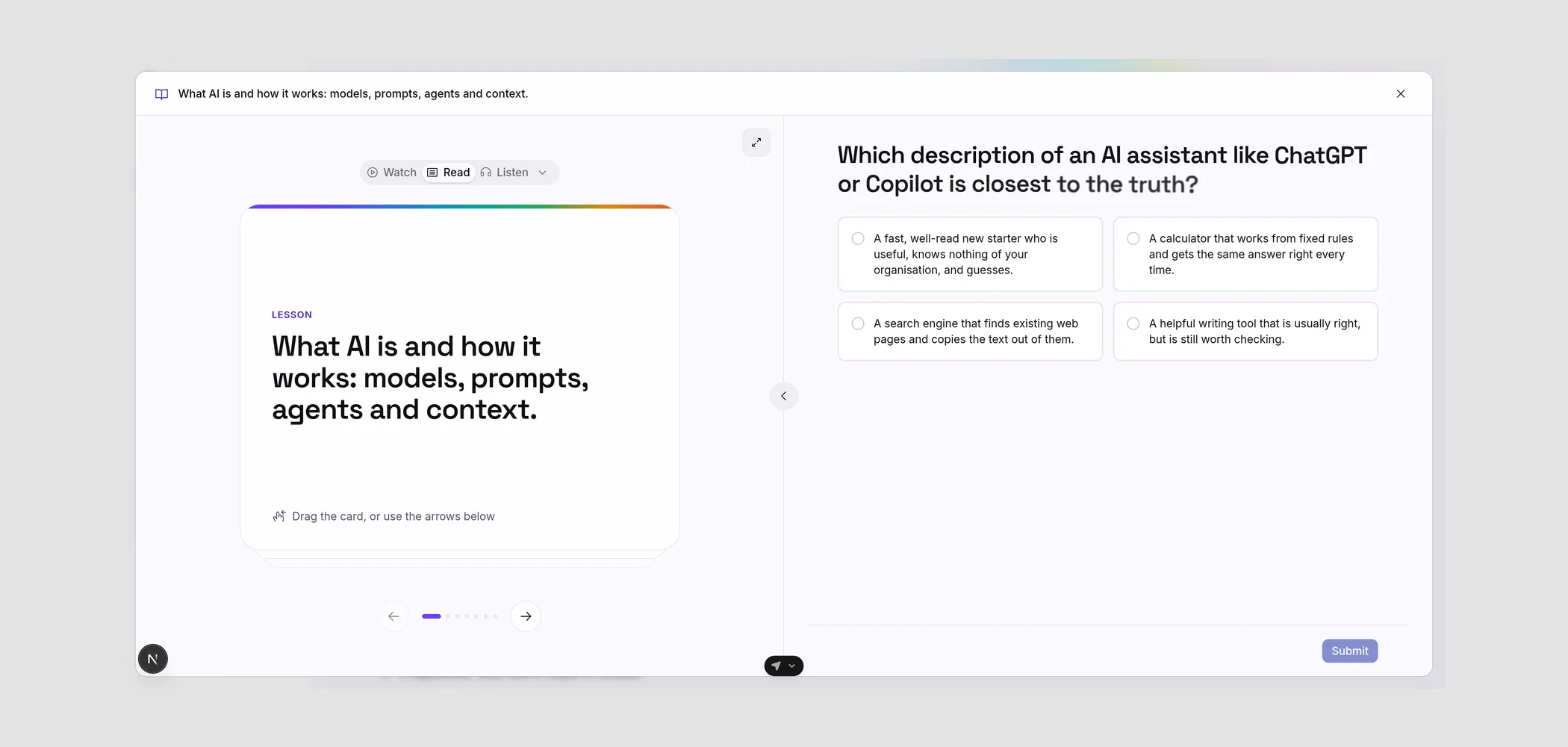 Full-screen lesson player with Watch, Read and Listen, and the question alongside the cards