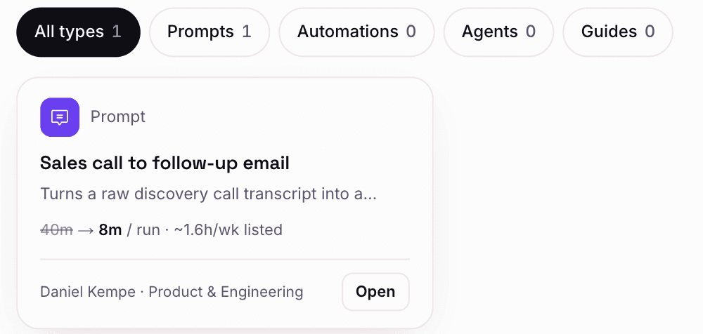 AcademyAI Workflows library with type filters and a shared prompt card