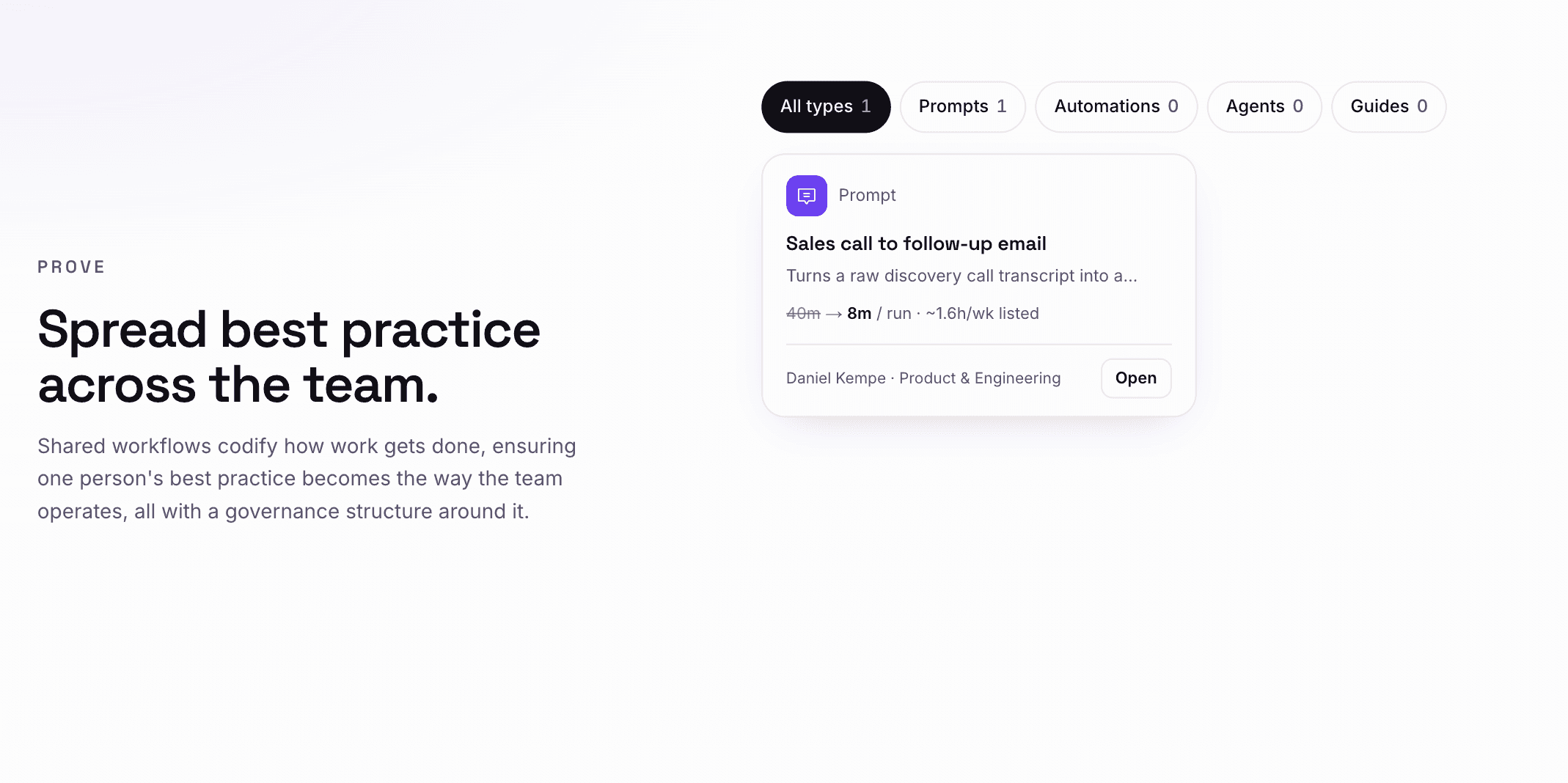 AcademyAI Workflows library with type filters and a shared prompt card