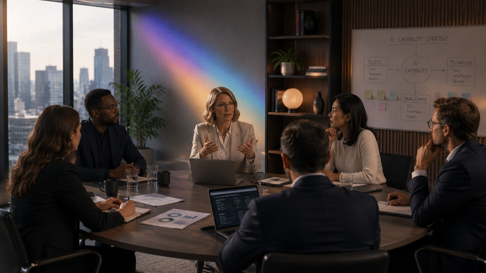A leadership team discussing AI capability strategy