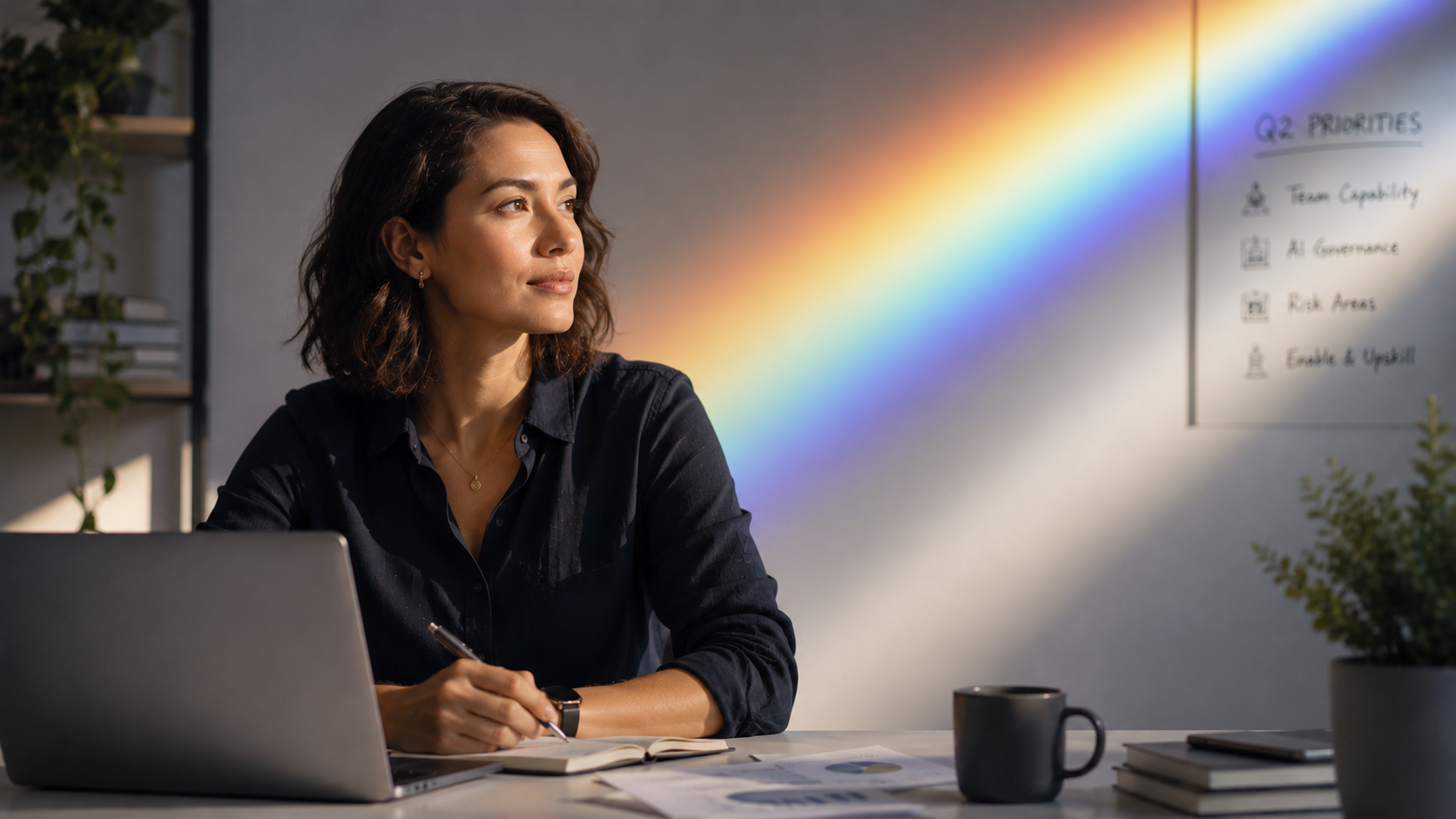 A practitioner reflecting at her desk