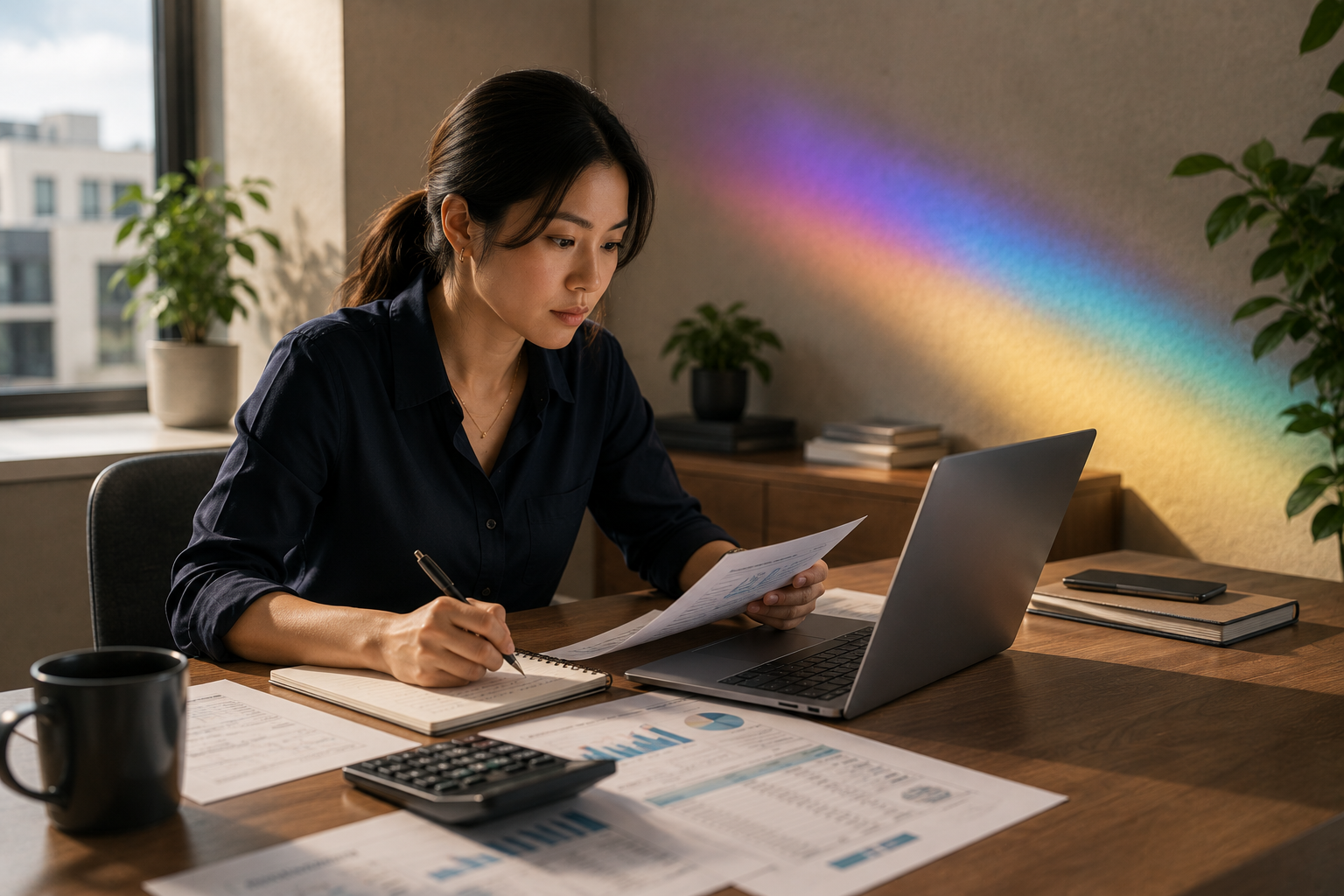 A finance professional reviewing reports at her desk